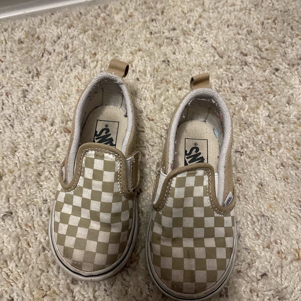 Vans Kids Checkerboard Slip-On Shoes - Tan and White